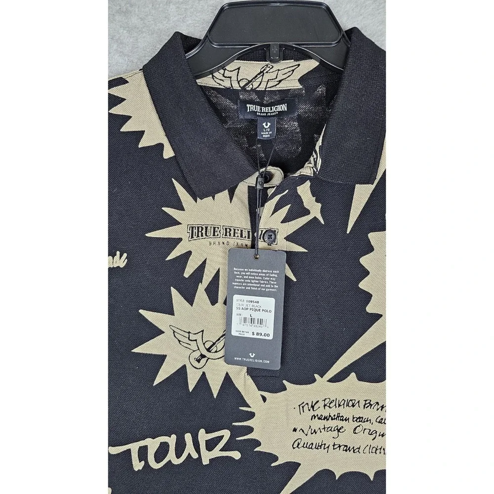 True Religion All Over Print Buddha Polo Shirt Distressed Black Beige Mens SZ Lg
